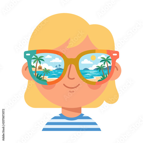 Kid Wearing Sunglasses with Tropical Reflection, Fun, Summer Vibes, Illustrative Style, Cheerful Mood