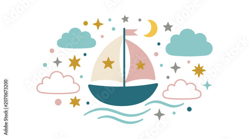 Sailing Adventure, Boat in a Starry Sky, Illustration, Fantasy Environment, Whimsical Viewpoint, Dreamy Concept