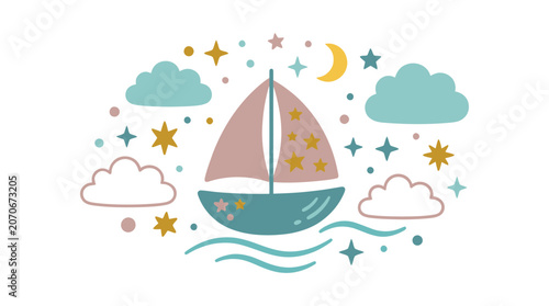 Sailing Adventure, Boat, Ocean, Illustration, Calm Waters, Side View, Creative Design