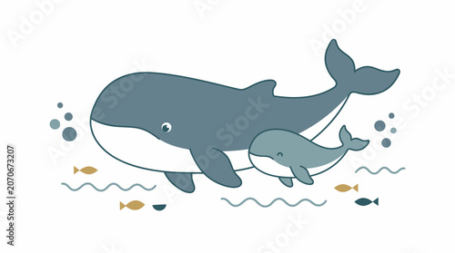 Playful Whales Swim Together in Clear Ocean Waters, Illustrative Artwork, Marine Life, Underwater Scene