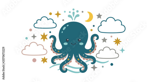 Playful Cartoon Octopus in a Dreamy Underwater Scene with Stars and Clouds