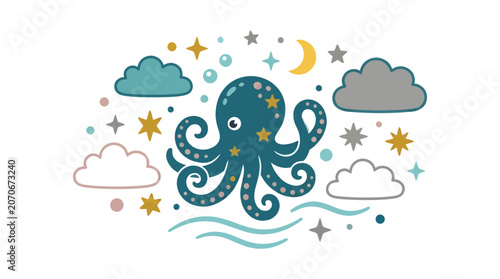 Creative Illustration of an Octopus Surrounded by Stars and Clouds in a Whimsical Ocean Environment