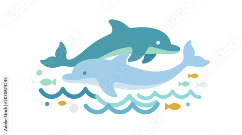 Playful Dolphins Swimming Together in Vibrant Ocean Waters - Colorful Illustration of Marine Life