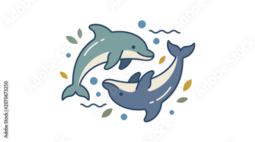 Dynamic Dolphins Swimming Together, Marine Habitat, Illustration, Aquatic Environment, Whimsical Design Concept