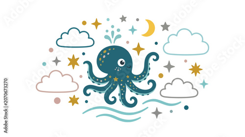 Playful Octopus Illustration Surrounded by Clouds and Stars in a Whimsical Ocean Setting