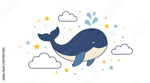 Playful Whale Illustration in a Colorful Sky with Clouds and Stars for Children's Art and Decor