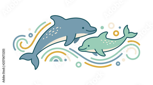 Joyful Dolphins Swimming Together in Vibrant Ocean Waves - Illustration - Playful Sea Life Art