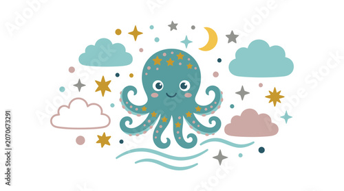 Playful Octopus Illustration Surrounded by Clouds and Stars in a Whimsical Ocean Scene