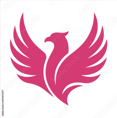 Stylized graphic illustration of a mythical phoenix bird with outspread wings in vibrant pink color