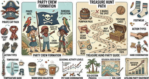 фотографія Pirate Theme Birthday Party Crew and Treasure Hunt Infographic Vector Illustrati