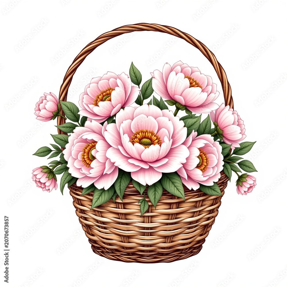 Obraz premium Cute Handdrawn Peony Basket Illustration Pastel Colors