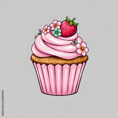 Pastel Pink Cupcake with Whipped Cream and Fresh Fruits