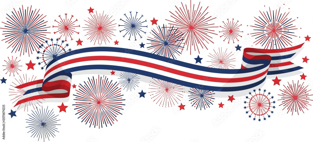 Fototapeta premium Fireworks display in red, white, and blue surrounds a central decorative ribbon for a festive presentation.
