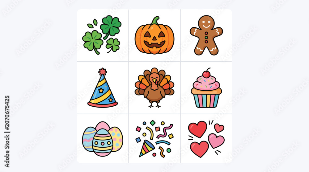 Fototapeta premium Set of colorful holiday and celebration themed hand drawn doodle icons.