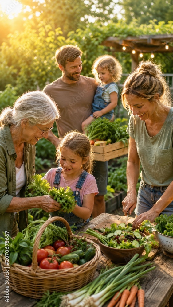 Fototapeta premium Family harvesting vegetables together in lush garden, organic food, healthy lifestyle, sustainability, generations