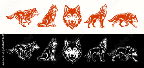 Wolf Mascot Logo Set, Howling and Running Wild Wolves Vector Silhouettes for E-sports, Wildlife Branding, and Sports Team Crest Insignia