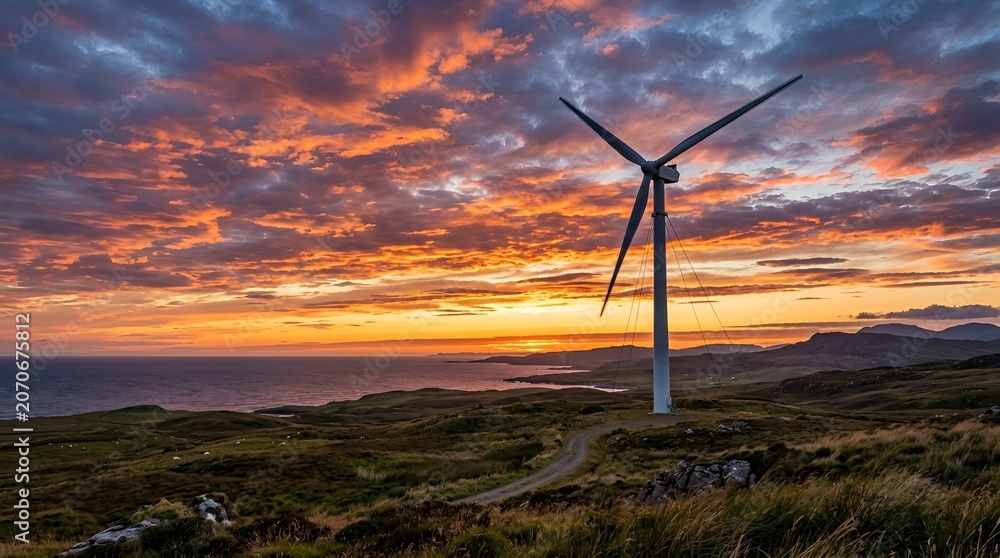Obraz premium Wind turbine silhouetted against dramatic sunset over ocean landscape