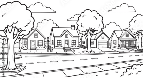 Suburban Neighborhood Line Art Scene Vector Design