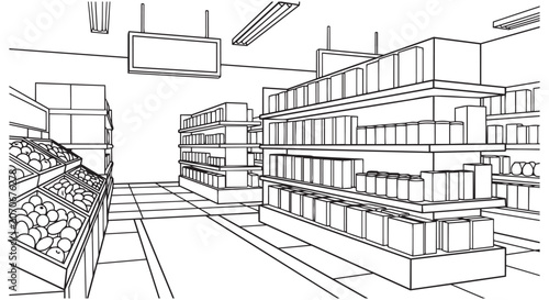 Supermarket Aisle Line Art Scene Vector Design