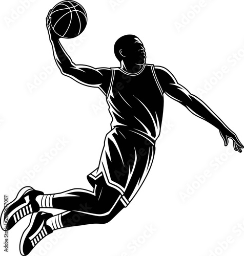 Professional basketball player silhouette performing an impressive slam dunk in a stylish black and white vector