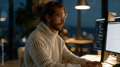 Backend developer seated in a dim open-plan office at twilight blue hour, reviewing AI-suggested pull requests on a large monitor, a second screen showing test coverage reports,