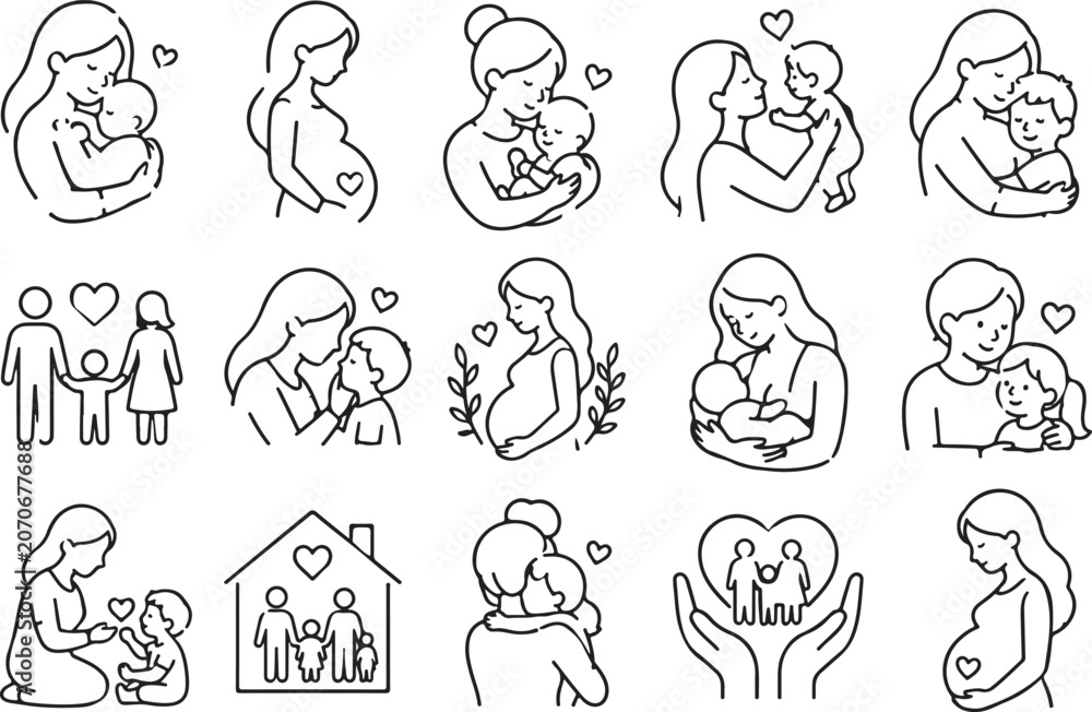 Obraz premium Set of line icons showing mothers with children and pregnancy in black and white