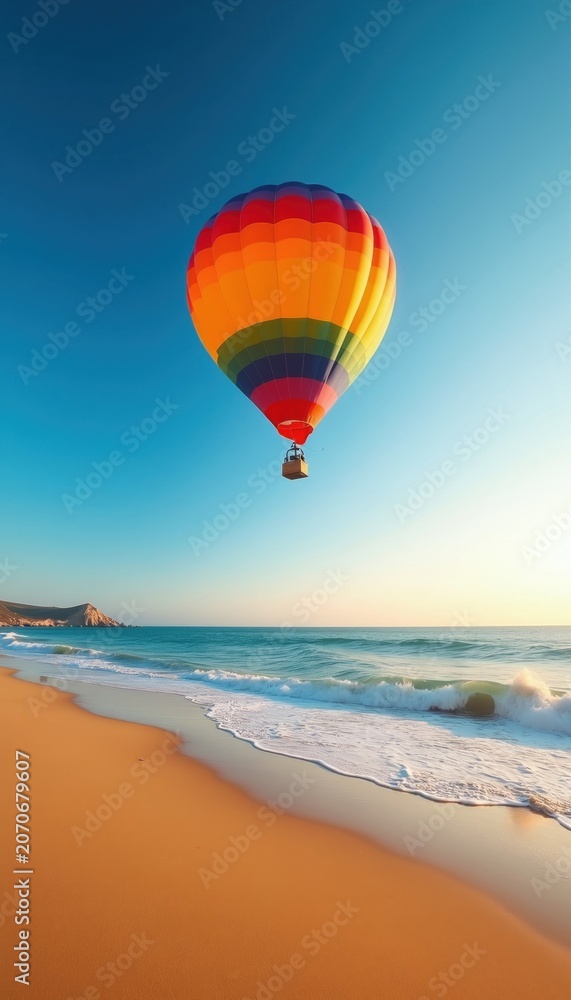 Fototapeta premium Hot air balloon with rainbow colors floats over serene ocean beach at sunrise. Gentle waves meet sandy shore under clear blue sky. Peaceful coastal scene.