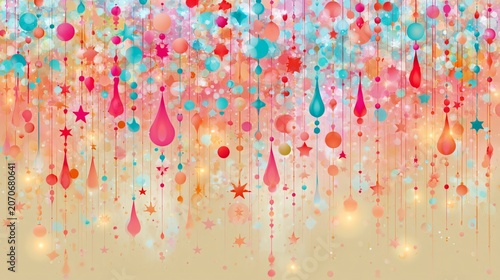 Whimsical pastel hanging decorations with teardrop shapes, stars, and balloons in dreamy festival style