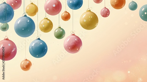 Floating festive baubles hanging strings holiday decorative ornaments pastel colors cheerful atmosphere