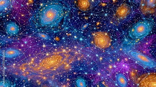 Cosmic Galaxy Clusters Connected by Celestial Web of Stars and Nebulas Artwork