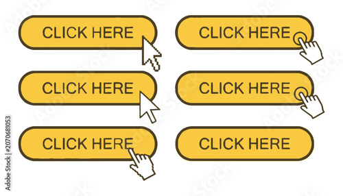 Click here buttons set with mouse cursor icons, interface