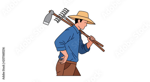 Farmer carrying gardening tools over his shoulder