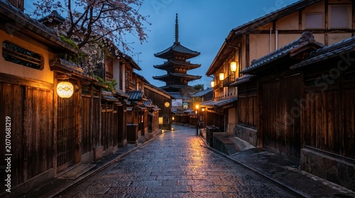 Tableau sur toile Yasaka Pagoda and traditional street in Higashiyama, Kyoto at twilight, Japan
