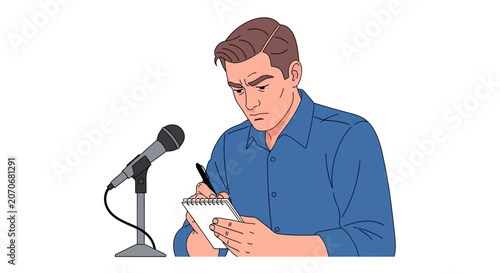 Journalist taking notes during an interview with a microphone.