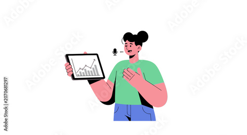 Woman presenting business chart on tablet and speaking to microphone