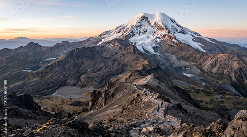 Hikers ascend snow-capped Chimborazo volcano at sunrise in Ecuador Andes mountains