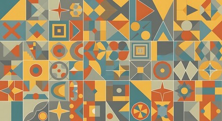 Vibrant geometric pattern with colorful abstract shapes and symbols.