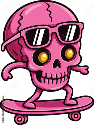 Cute Pink Skull Mascot Character Riding Skateboard with Sunglasses, Cartoon Skeleton Vector Illustration, Funny Halloween Mascot Isolated on White Background