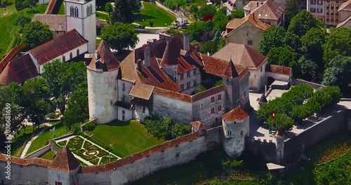 Aerial view of beautiful Gruyeres Castle in Switzerland