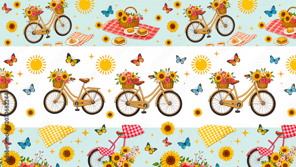 Seamless Pattern with Bicycles, Sunflowers, and Butterflies