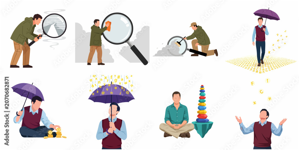 Fototapeta premium Conceptual business illustration set featuring a man in scenarios for data analysis, financial protection, research, and mindfulness.