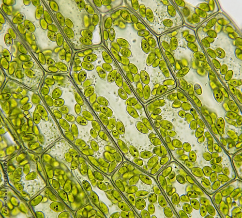 Fotografía Microscopic observation of Elodea leaf cells.