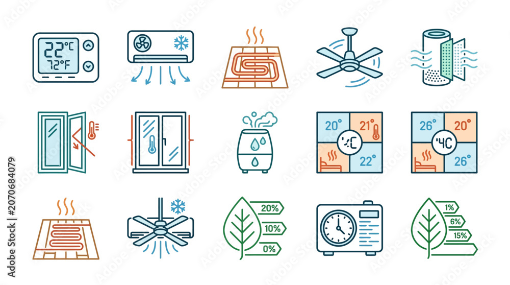 Fototapeta premium Climate Control Icons: Heating, Cooling, Ventilation, Air Quality & Energy Efficiency
