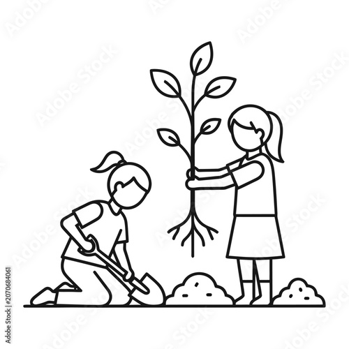 People Planting a Tree Vector Illustration