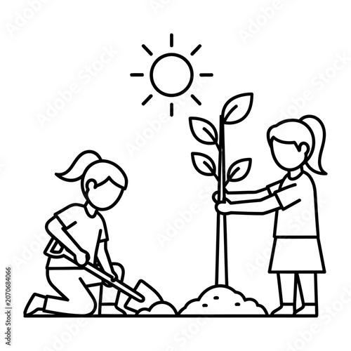 Children Planting Tree Outline Vector Illustration
