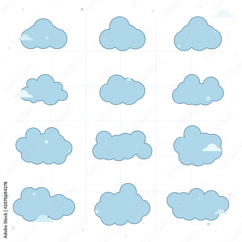 Obraz premium Set Of Simple Circle Shape Clouds Vector Graphic Illustration Featuring Minimalist Rounded Blue Designs Perfect For Weather And Sky Themed Creative Projects