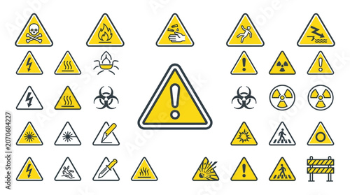 Collection of Warning Signs and Safety Symbols in Yellow Triangles