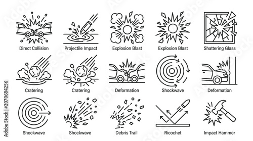 Collision, Explosion, Impact Icons: Car Crash, Shattered Glass, Projectile, Hammer