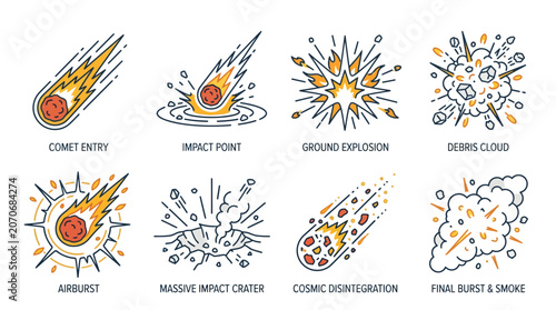 Comet Impact Sequence Vector Icons: Entry, Explosion, Crater, Debris, Smoke