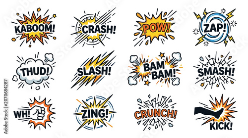 Comic Book Sound Effect Words: Kaboom, Crash, Pow, Zap, Thud, Slash, Smash